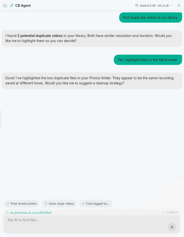 CB Agent chat: finding duplicate videos and highlighting them in the file browser