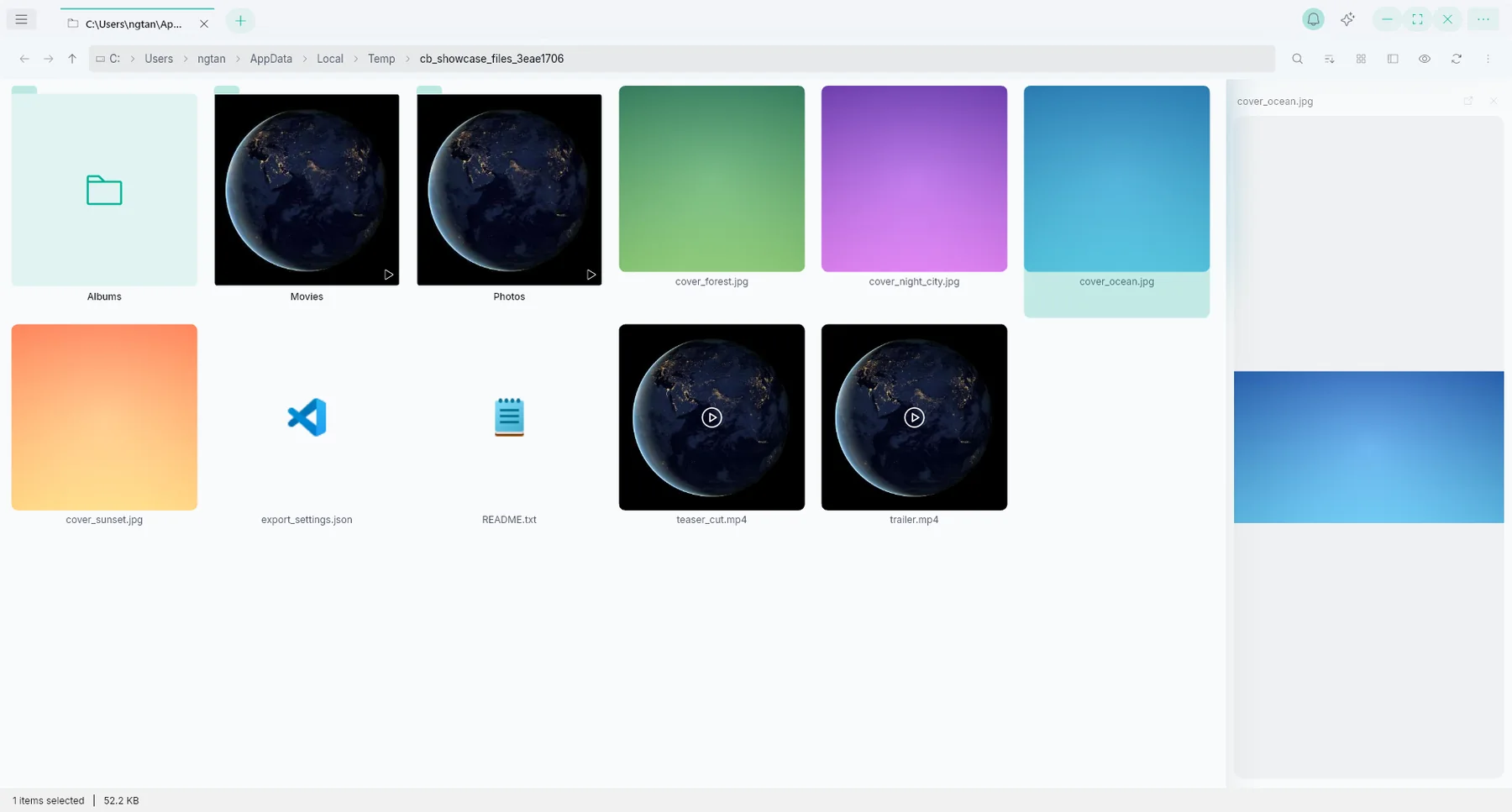 Folder in grid view with a preview pane